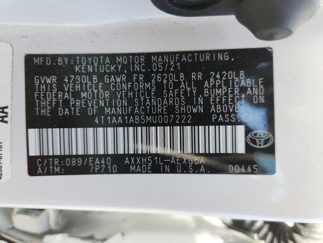 4T1AA1AB5MU007222 - 2021 TOYOTA AVALON XLE 白色 照片 12