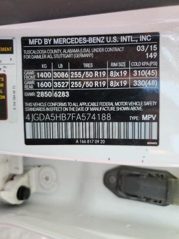 4JGDA5HB7FA574188 - 2015 MERCEDES-BENZ ML 350 4MATIC WHITE photo 13