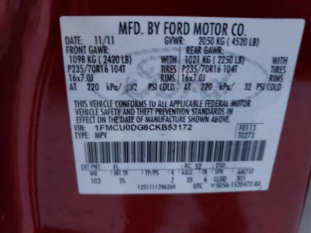 1FMCU0DG6CKB53172 - 2012 FORD ESCAPE XLT MAROON photo 13