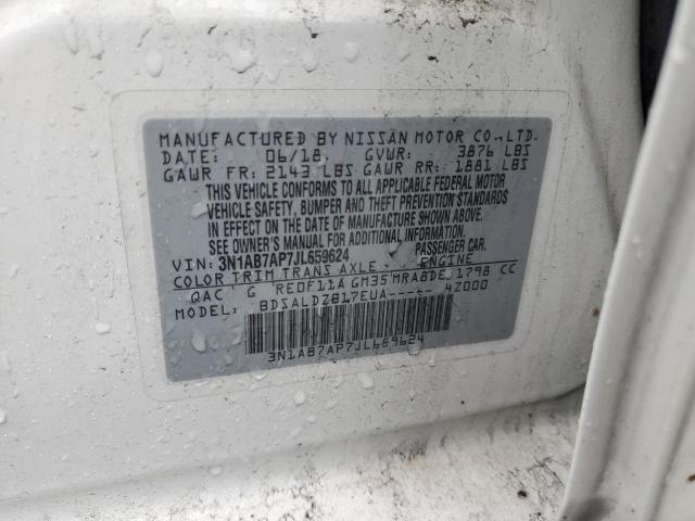 3N1AB7AP7JL659624 - 2018 NISSAN SENTRA S WHITE photo 12