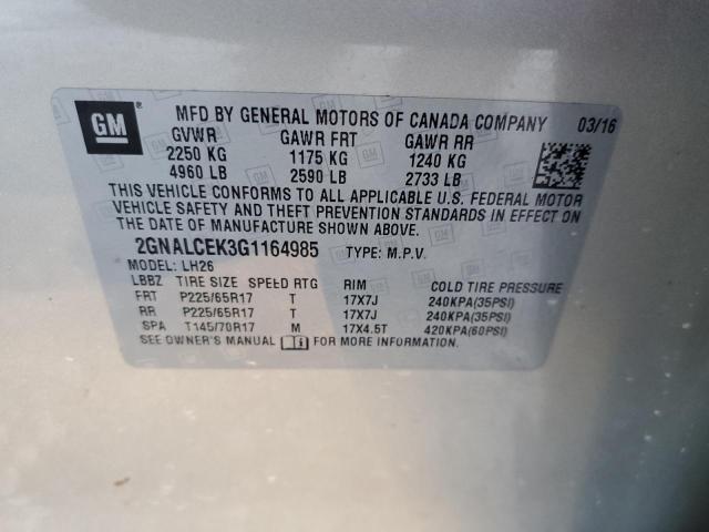 2GNALCEK3G1164985 - 2016 CHEVROLET EQUINOX LT BEIGE photo 14