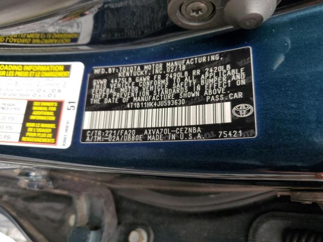 4T1B11HK4JU593630 - 2018 TOYOTA CAMRY L BLUE photo 12
