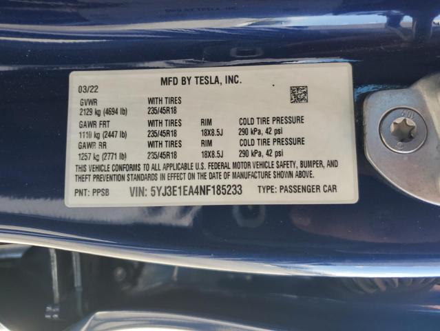 5YJ3E1EA4NF185233 - 2022 TESLA MODEL 3 ლურჯი ფოტო 13