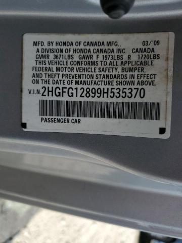 2HGFG12899H535370 - 2009 HONDA CIVIC EX SILVER photo 12