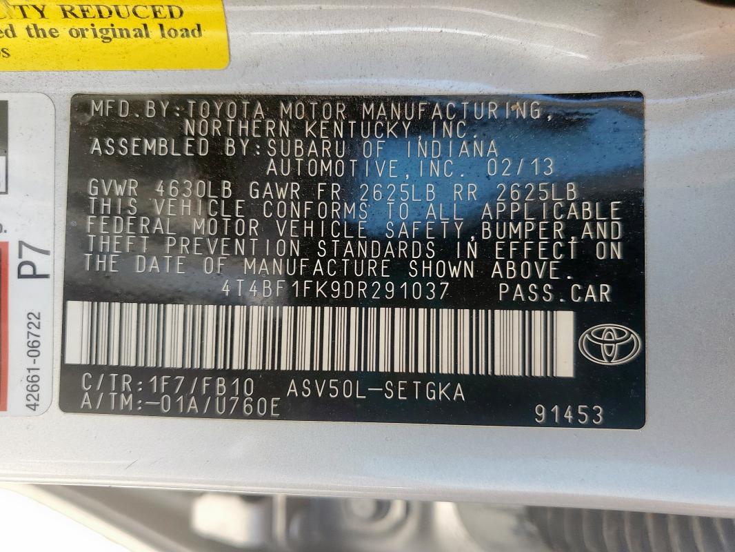 4T4BF1FK9DR291037 - 2013 TOYOTA CAMRY L GRAY photo 12