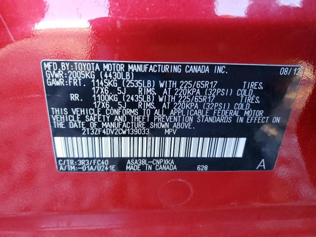 2T3ZF4DV2CW139033 - 2012 TOYOTA RAV4 RED photo 13