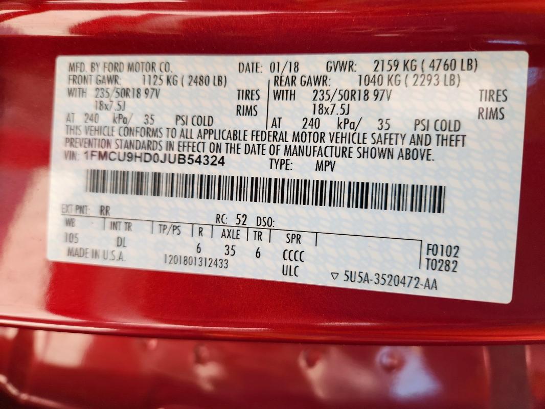 1FMCU9HD0JUB54324 - 2018 FORD ESCAPE SEL 红色 照片 13