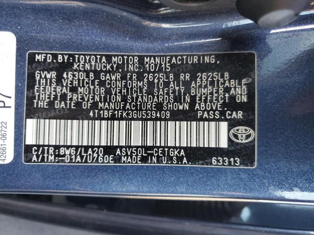 4T1BF1FK3GU539409 - 2016 TOYOTA CAMRY LE BLUE photo 12