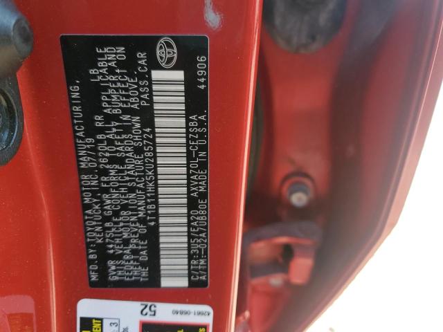 4T1B11HK5KU285724 - 2019 TOYOTA CAMRY L RED photo 12
