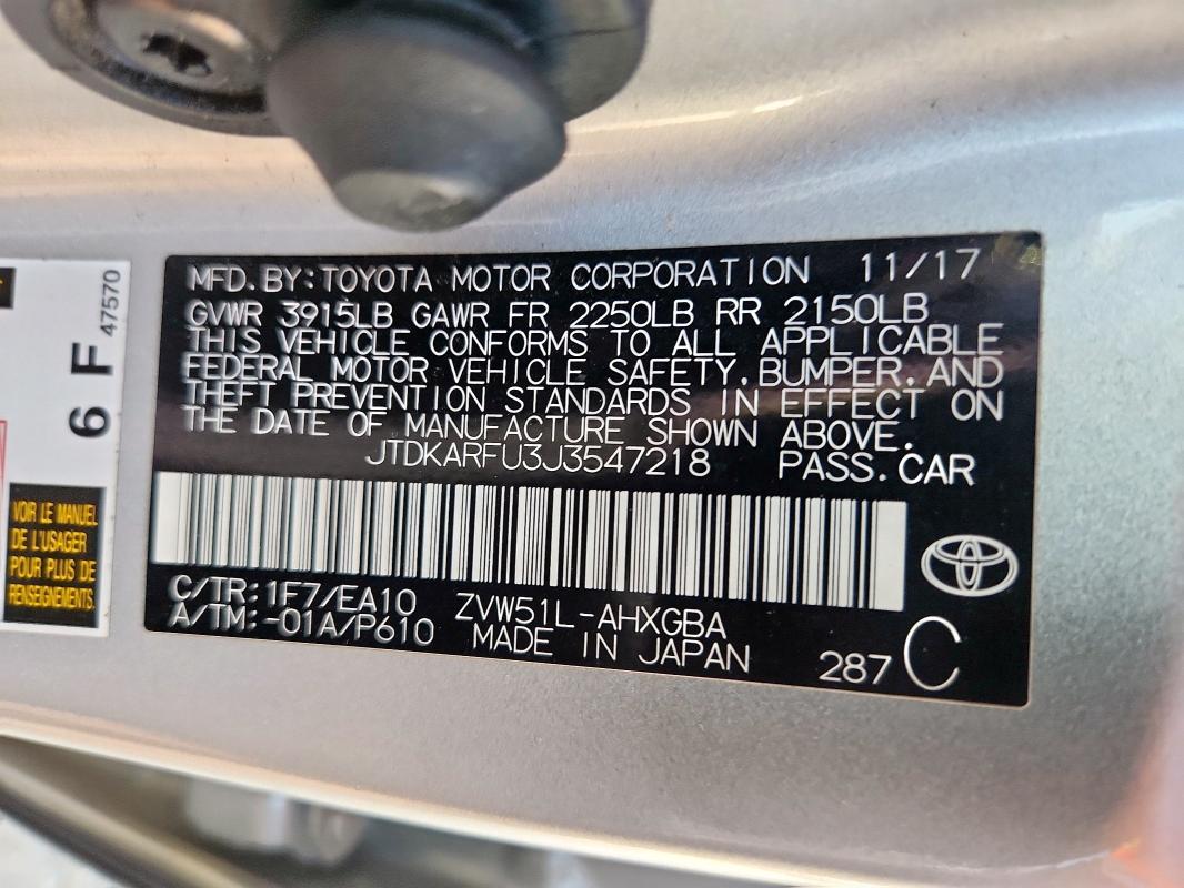JTDKARFU3J3547218 - 2018 TOYOTA PRIUS ვერცხლისფერი ფოტო 13