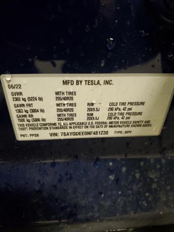 7SAYGDEE0NF481230 - 2022 TESLA MODEL Y Mavi fotoğraf 13