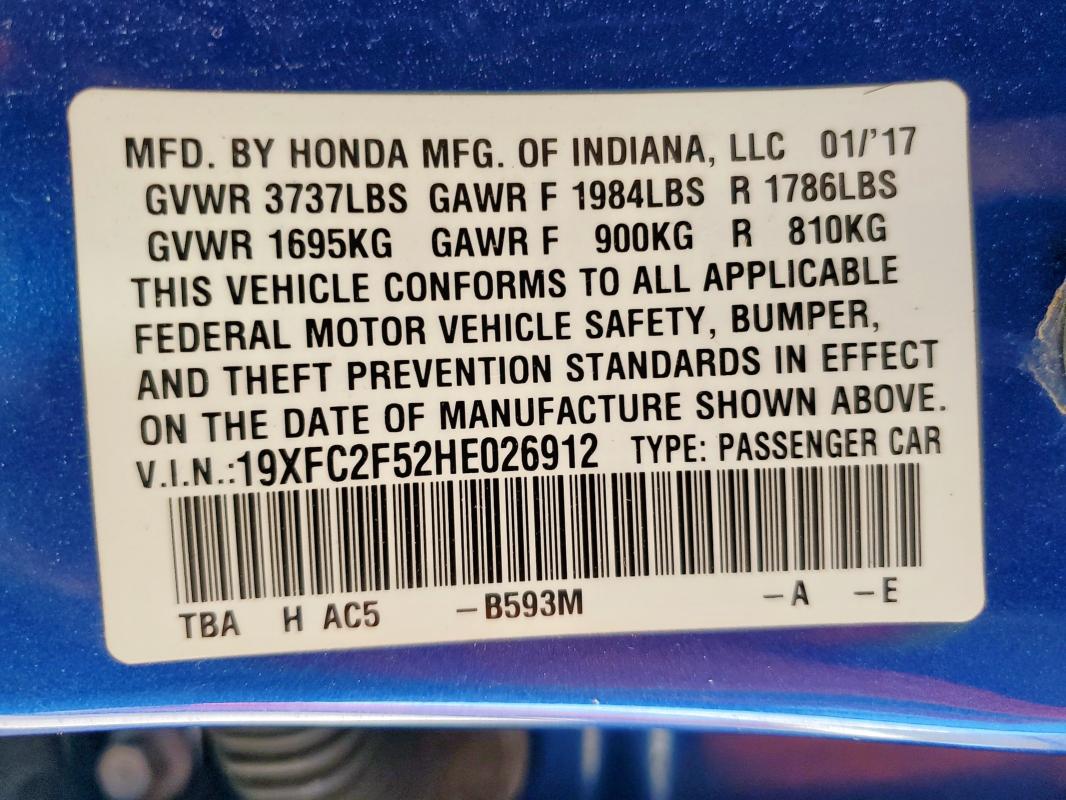 19XFC2F52HE026912 - 2017 HONDA CIVIC LX 蓝色 照片 12