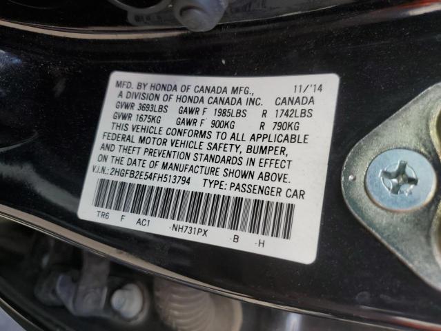 2HGFB2E54FH513794 - 2015 HONDA CIVIC LX BLACK photo 12