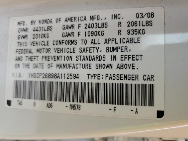 1HGCP26898A112594 - 2008 HONDA ACCORD EXL 白色 照片 12