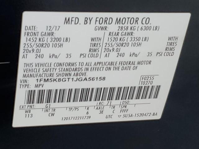 1FM5K8GT1JGA56158 - 2018 FORD EXPLORER SPORT Negro foto 13