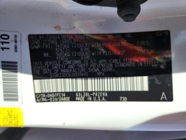 5TDKZ3DC9JS929445 - 2018 TOYOTA SIENNA LE 白色 照片 12