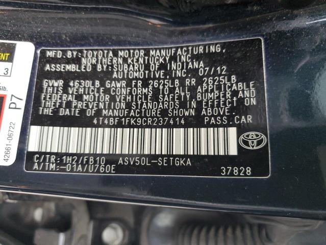 4T4BF1FK9CR237414 - 2012 TOYOTA CAMRY BASE BLACK photo 12