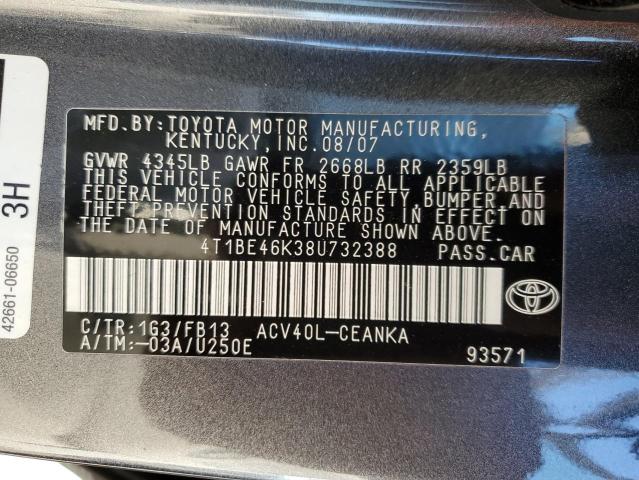 4T1BE46K38U732388 - 2008 TOYOTA CAMRY CE GRAY photo 12