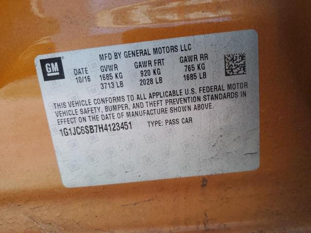 1G1JC6SB7H4123451 - 2017 CHEVROLET SONIC LT 橙色 照片 13