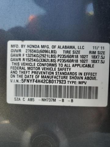5FNYF4H42CB017923 - 2012 HONDA PILOT EX GRAY photo 12