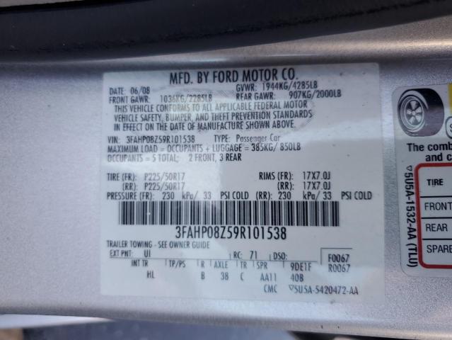 3FAHP08Z59R101538 - 2009 FORD FUSION SEL SILVER photo 12