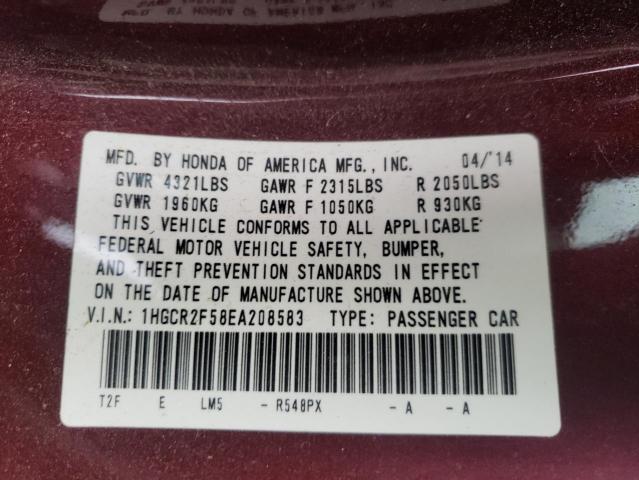 1HGCR2F58EA208583 - 2014 HONDA ACCORD SPORT 勃艮第红 照片 12