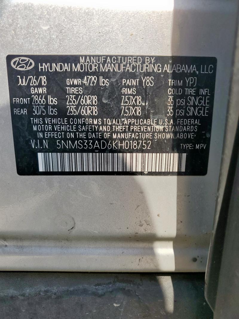 5NMS33AD6KH018752 - 2019 HYUNDAI SANTA FE SEL Argent photo 14
