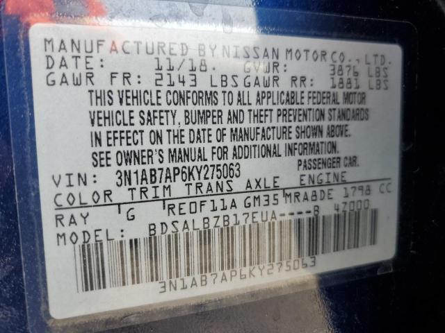 3N1AB7AP6KY275063 - 2019 NISSAN SENTRA S BLUE photo 13