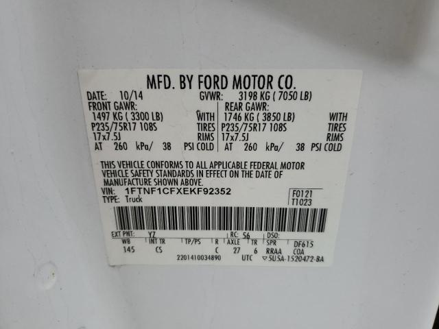 1FTNF1CFXEKF92352 - 2014 FORD F150 WHITE photo 13