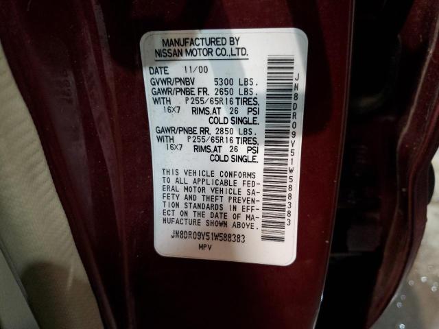 JN8DR09Y51W588383 - 2001 NISSAN PATHFINDER LE BURGUNDY photo 13
