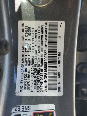 1HGFA16886L090727 - 2006 HONDA CIVIC EX أسود صورة 12