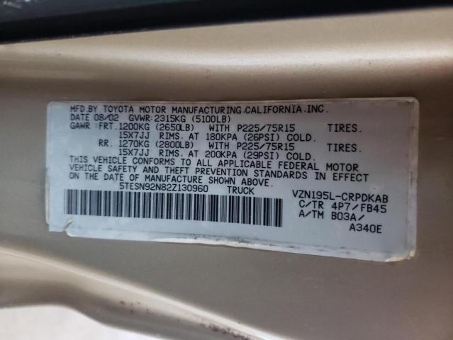 5TESN92N82Z130960 - 2002 TOYOTA TACOMA XTRACAB PRERUNNER 棕色 照片 13