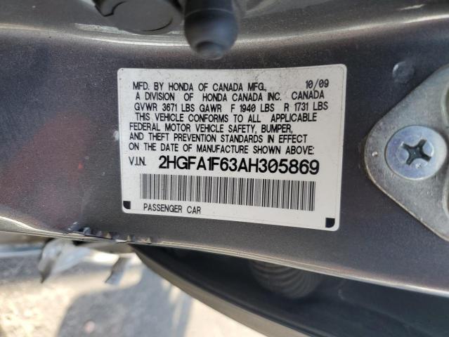 2HGFA1F63AH305869 - 2010 HONDA CIVIC LX-S ნაცრისფერი ფოტო 12