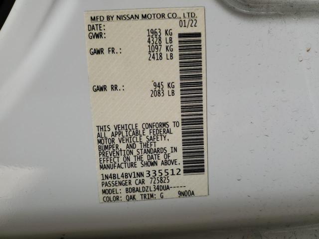 1N4BL4BV1NN335512 - 2022 NISSAN ALTIMA S WHITE photo 12