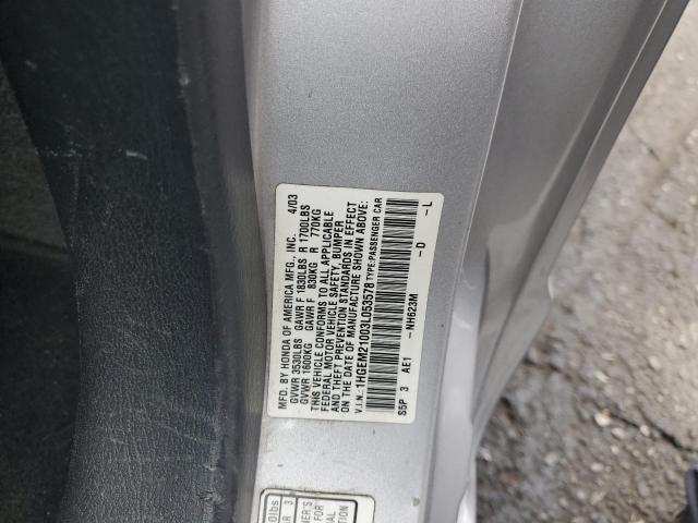 1HGEM21003L053578 - 2003 HONDA CIVIC EX SILVER photo 12