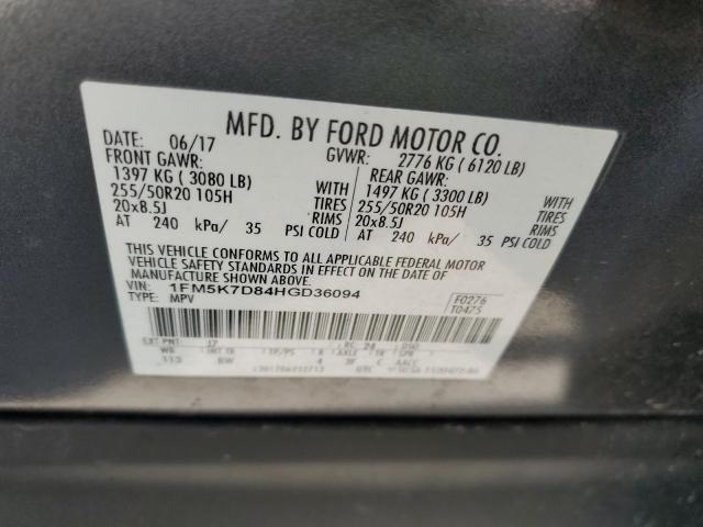 1FM5K7D84HGD36094 - 2017 FORD EXPLORER XLT CHARCOAL photo 14