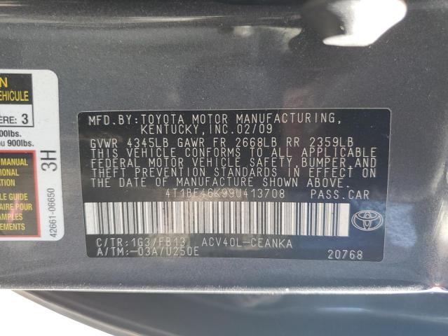 4T1BE46K99U413708 - 2009 TOYOTA CAMRY BASE GRAY photo 13