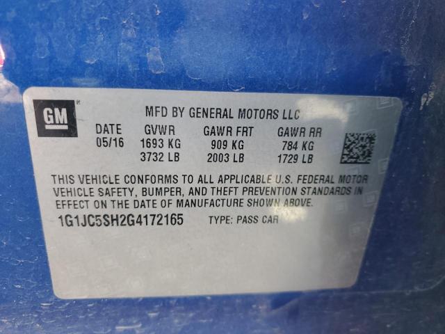 1G1JC5SH2G4172165 - 2016 CHEVROLET SONIC LT BLUE photo 12