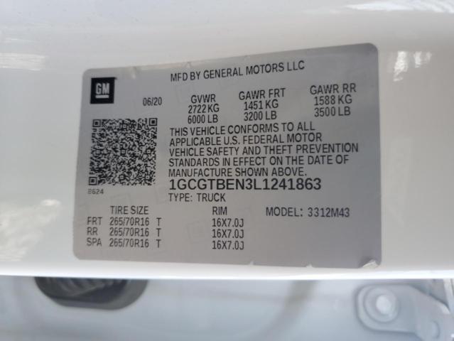 1GCGTBEN3L1241863 - 2020 CHEVROLET COLORADO WHITE photo 12