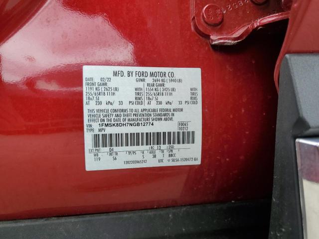 1FMSK8DH7NGB12774 - 2022 FORD EXPLORER XLT RED photo 14