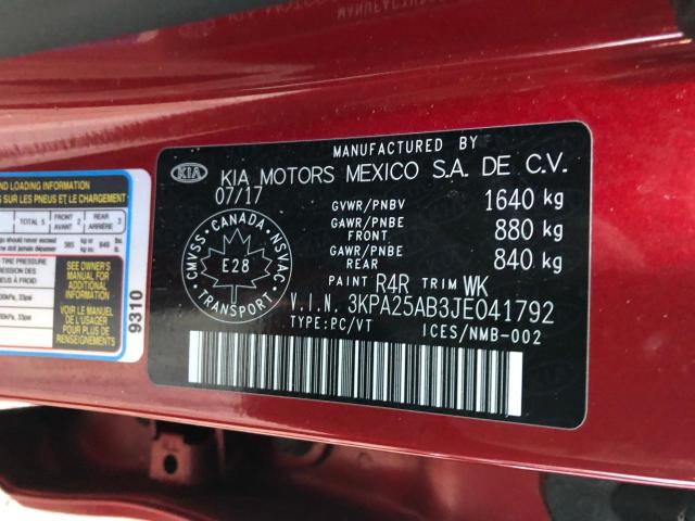 3KPA25AB3JE041792 - 2018 KIA RIO LX RED photo 9