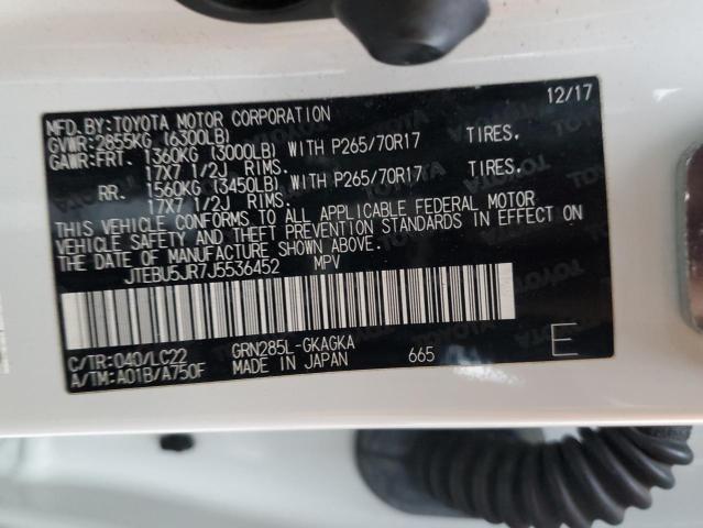 JTEBU5JR7J5536452 - 2018 TOYOTA 4RUNNER SR5/SR5 PREMIUM 白色 照片 12