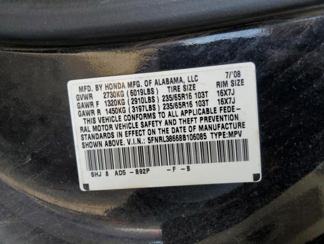 5FNRL38668B106085 - 2008 HONDA ODYSSEY EXL შავი ფოტო 13