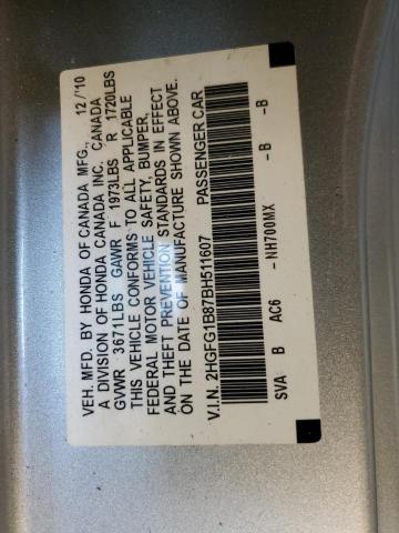 2HGFG1B87BH511607 - 2011 HONDA CIVIC EX SILVER photo 13