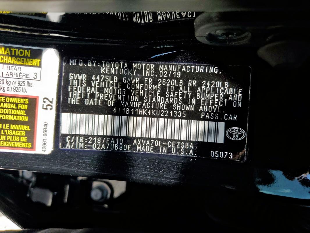 4T1B11HK4KU221335 - 2019 TOYOTA CAMRY L 黑色 照片 12