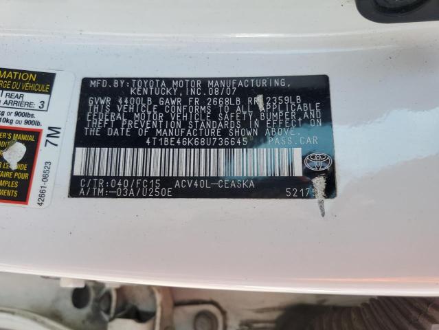 4T1BE46K68U736645 - 2008 TOYOTA CAMRY CE Beyaz fotoğraf 13