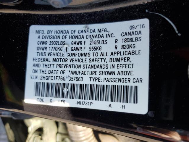 2HGFC1F76GH657663 - 2016 HONDA CIVIC EXL BLACK photo 12