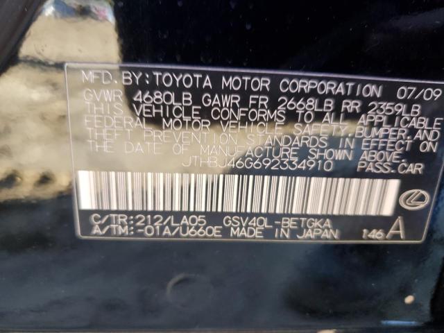 JTHBJ46G692334910 - 2009 LEXUS ES 350 BLACK photo 12