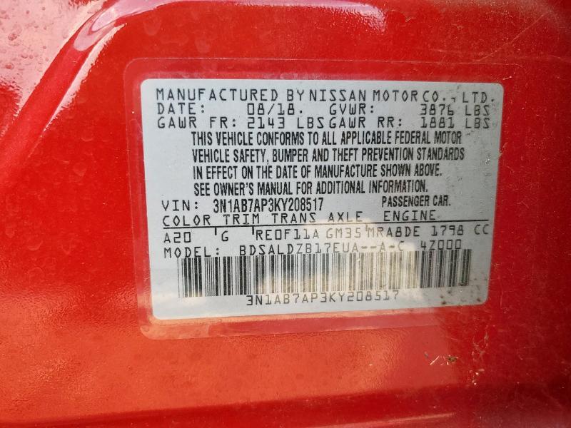 3N1AB7AP3KY208517 - 2019 NISSAN SENTRA S 红色 照片 13