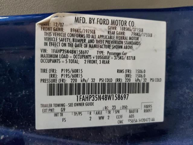 1FAHP35N48W158697 - 2008 FORD FOCUS SE BLUE photo 12